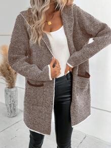SHEIN LUNE Contrast Trim Dual Pocket Hooded Duster Cardigan - Brown - View 5
