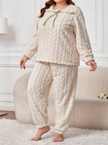 Plus Bow Front Flannel PJ Set / Pajama Set - Màu be - Xem 5