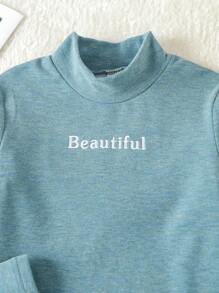 Tween Girl Letter Embroidery Mock Neck Base Tee - White - View 3