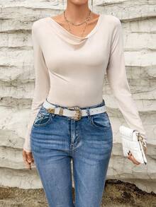 SHEIN Privé Draped Collar Solid Tee - Apricot - View 6