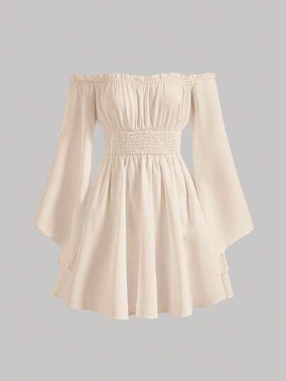 SHEIN MOD כתפיים חשופות שרוול חצוצרה מכפלת מסולסלת שמלות