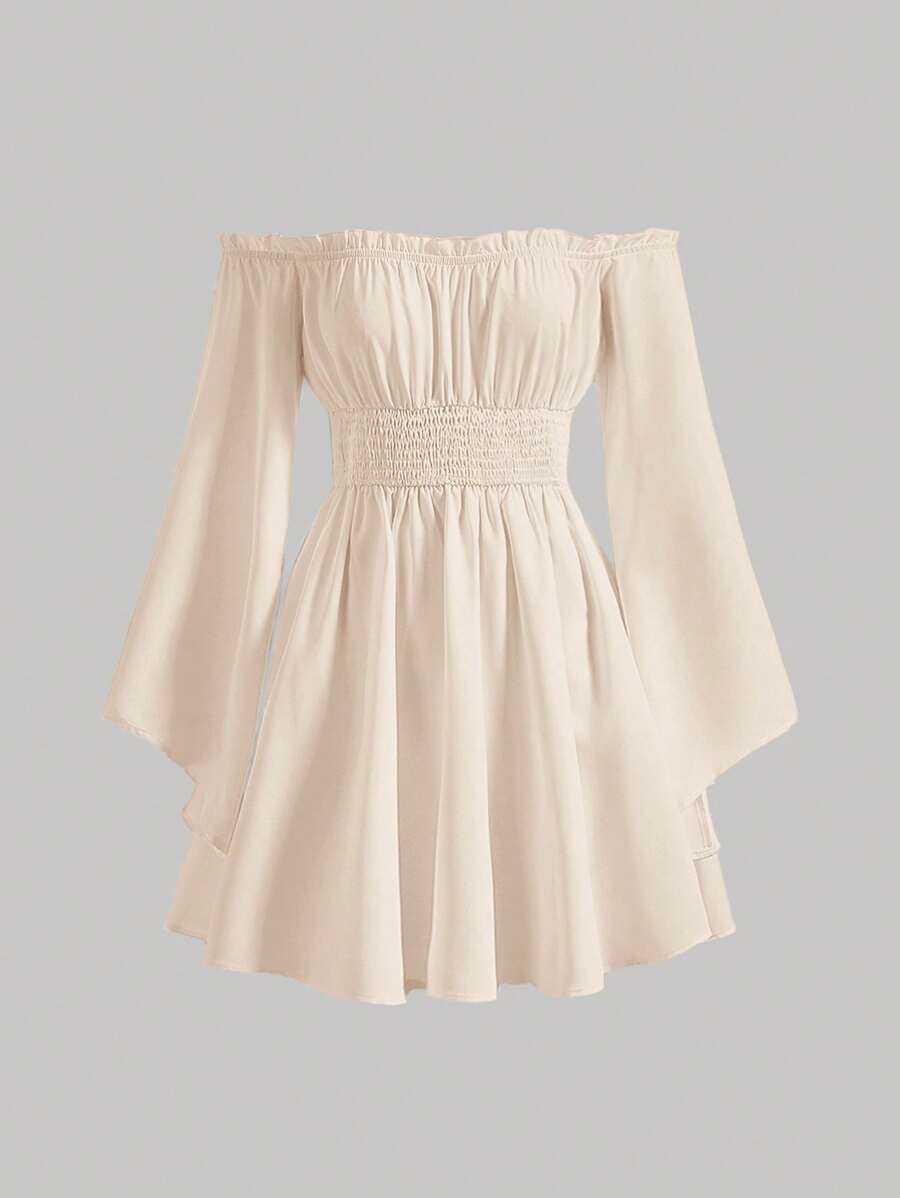SHEIN MOD 一字肩喇叭袖褶邊洋裝 - 杏色 - 查看 1