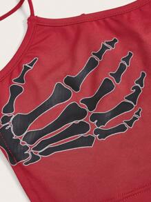 SHEIN ICON Halloween Skeleton Hand Print Lace Up Backless Crop Cami Top - Red - View 9