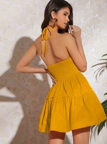 SHEIN VCAY Tie Backless Ruffle Hem Halter Dress - Yellow - View 2