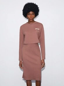 BizChic 字母圖案落肩T恤&半身裙 - 咖啡棕 - 查看 5