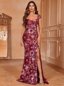 Floral Print Split Thigh Formal Dress - Burgundy - View 5