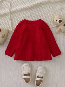 女嬰插肩袖麻花編織開襟衫 - 紅色 - 查看 2