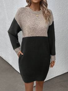 SHEIN LUNE 休閒口袋撞色女士毛衣連衣裙 - 黑色 - 查看 3