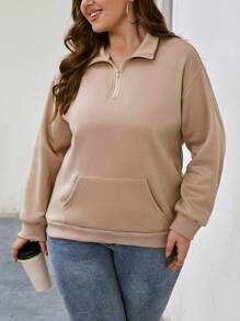 SHEIN LUNE Hơn Túi kangaroo Một nửa khóa kéo Thả vai Áo nỉ - Màu Khaki - Xem 5
