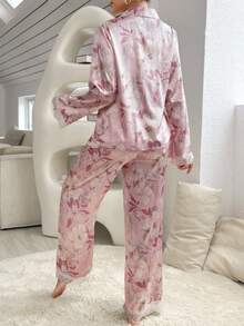 印花蕾絲拼接緞面睡衣套裝 - 粉色 - 查看 5