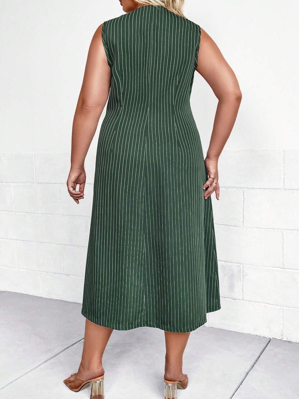 Plus Striped Print Double Breasted Dress