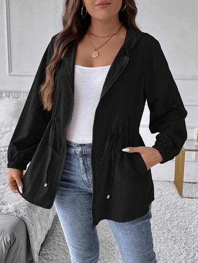 SHEIN LUNE Women's Plus Size Long Sleeve Leopard Print Hooded Casual Jacket With Drawstring Waist For Autumn & Winter