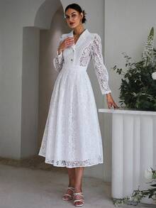 Sollinarry Vestido de cuello con solapa con encaje - Blanco - Ver 5