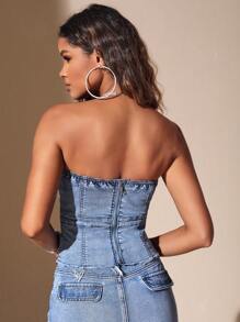 SHEIN BAE Raw Trim Tube Denim Top - Light Wash - View 2