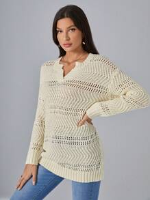 SHEIN Privé Pullover mit eingekerbtem Kragen, Pointelle Strick Drop Shoulder - Beige - Übersicht 6