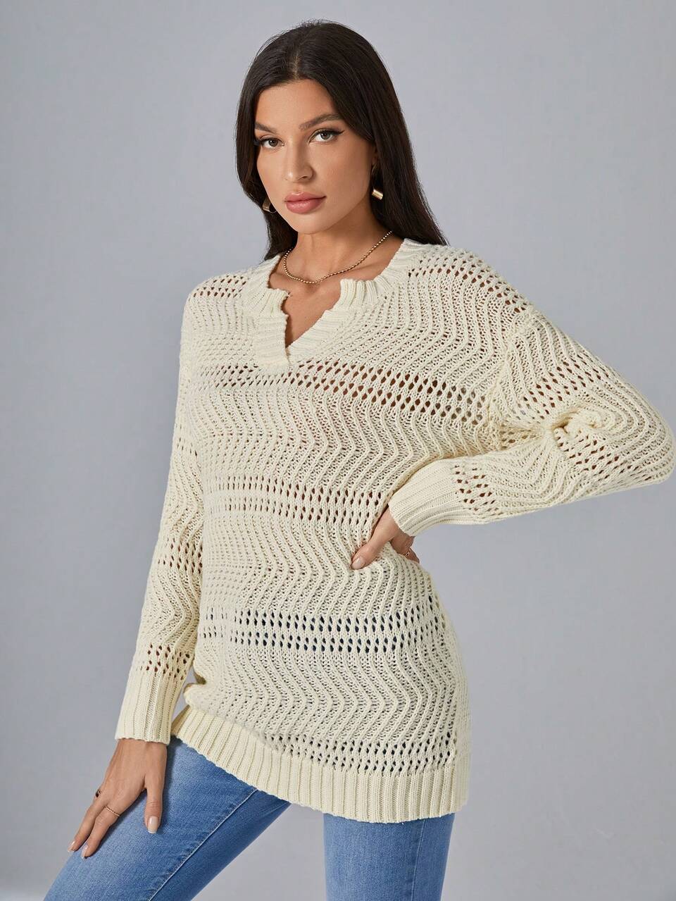 Notched Neck Pointelle Knit Drop Shoulder Sweater