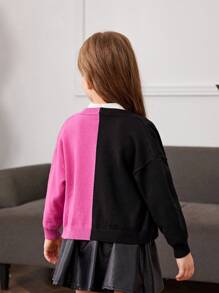 SHEIN 女小童1入組雙色麻花編織落肩袖開襟衫 - 彩色 - 查看 2