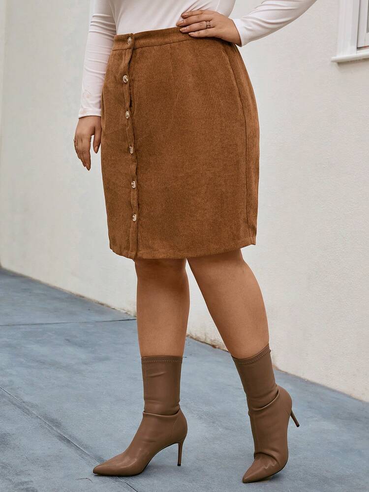 Plus Button Front Corduroy Straight Skirt
