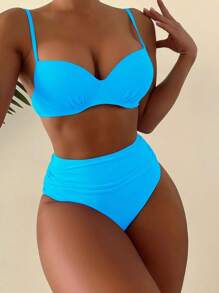 SHEIN Swim Summer Beach Plain Push Up Bikini Set - Blue - View 1