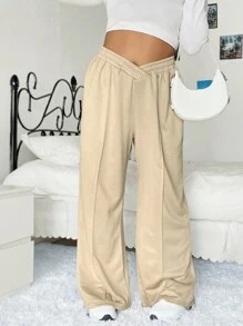 SHEIN EZwear 大碼素色闊腿衛褲 - 卡其色 - 查看 5