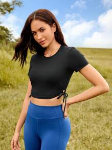 Easithlete 側抽繩短款運動T恤 - 黑色 - 查看 1