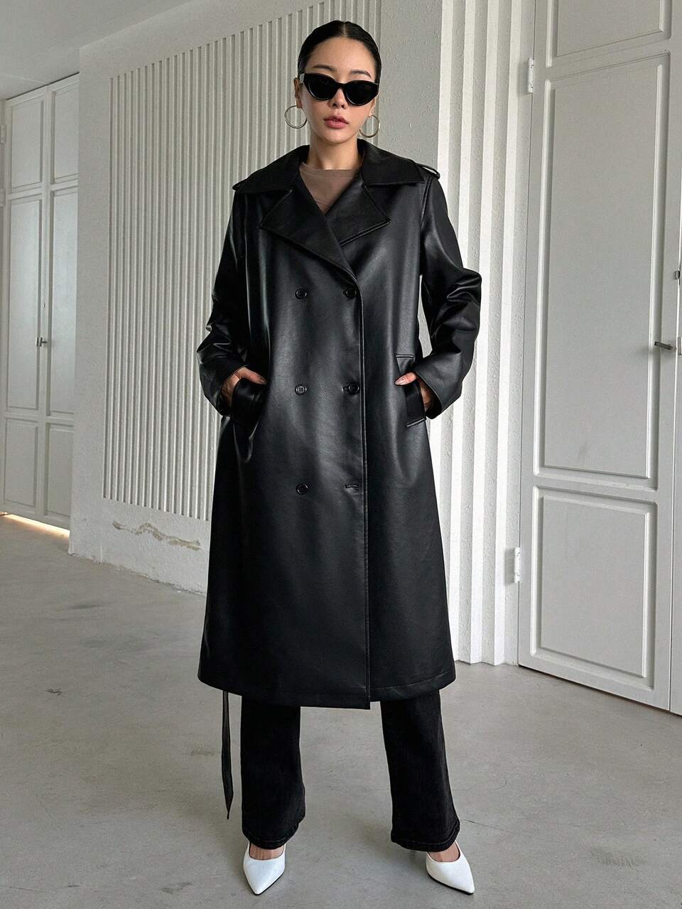 Lapel Neck Slant Pocket Patent Trench Coat,Fall Clothes Women Jacket