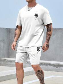 Manfinity Homme 男士大码印花T恤&腰部抽繩短褲 - 白色 - 查看 6
