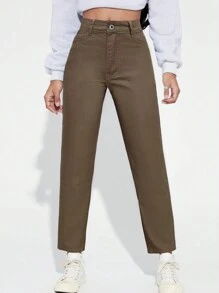 SHEIN EZwear 高腰媽媽牛仔褲 - 卡其色 - 查看 1