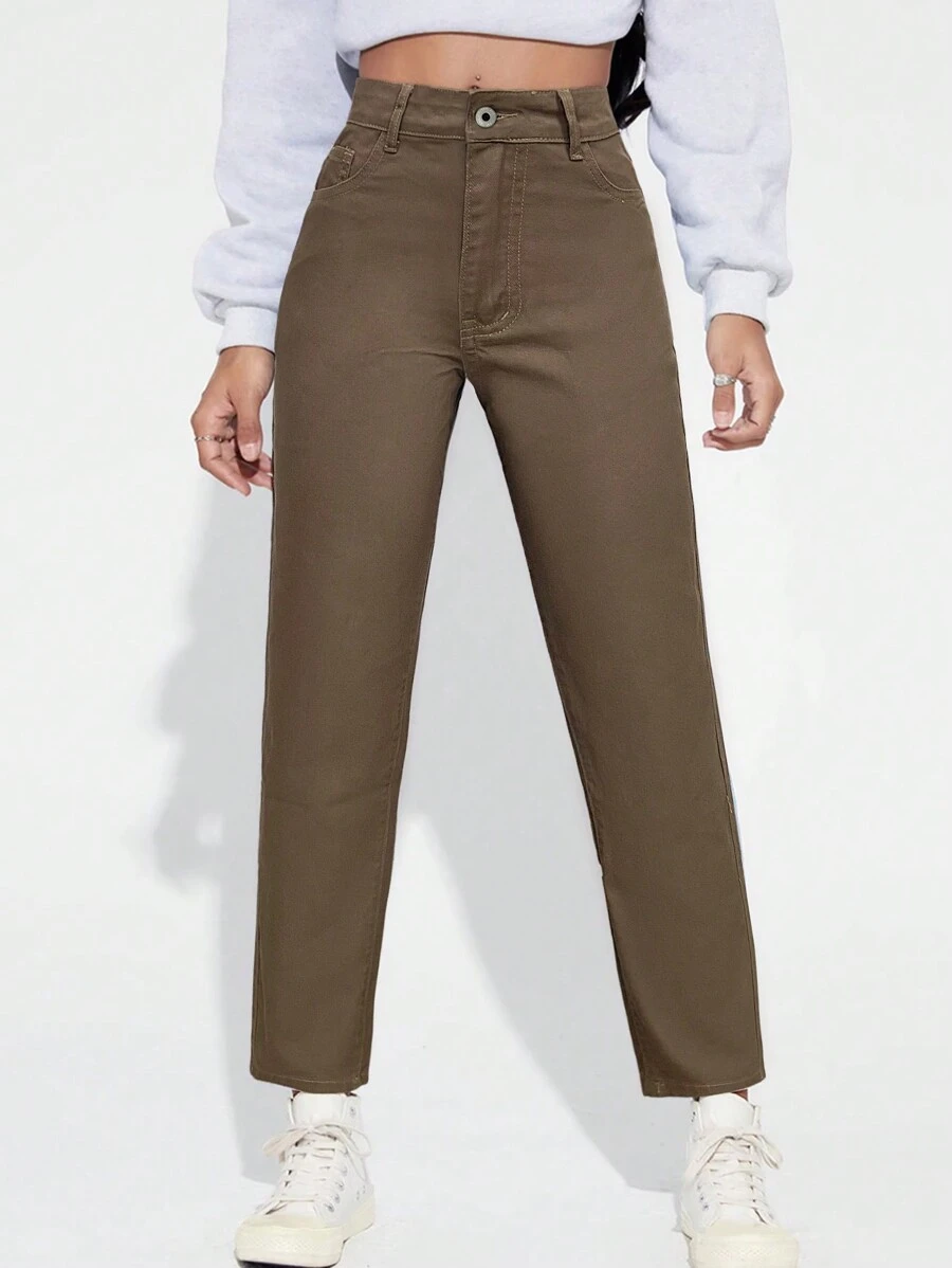 SHEIN EZwear 高腰媽媽牛仔褲 - 卡其色 - 查看 1