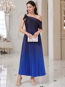 Modelyn Vestido de cuello asimétrico bajo fruncido - Azul Marino - Ver 1