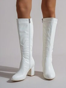 Botas altas de mujer de moda, botas largas casuales, zapatos de tacón grueso estilo británico, otoño/invierno - Blanco - Ver 5