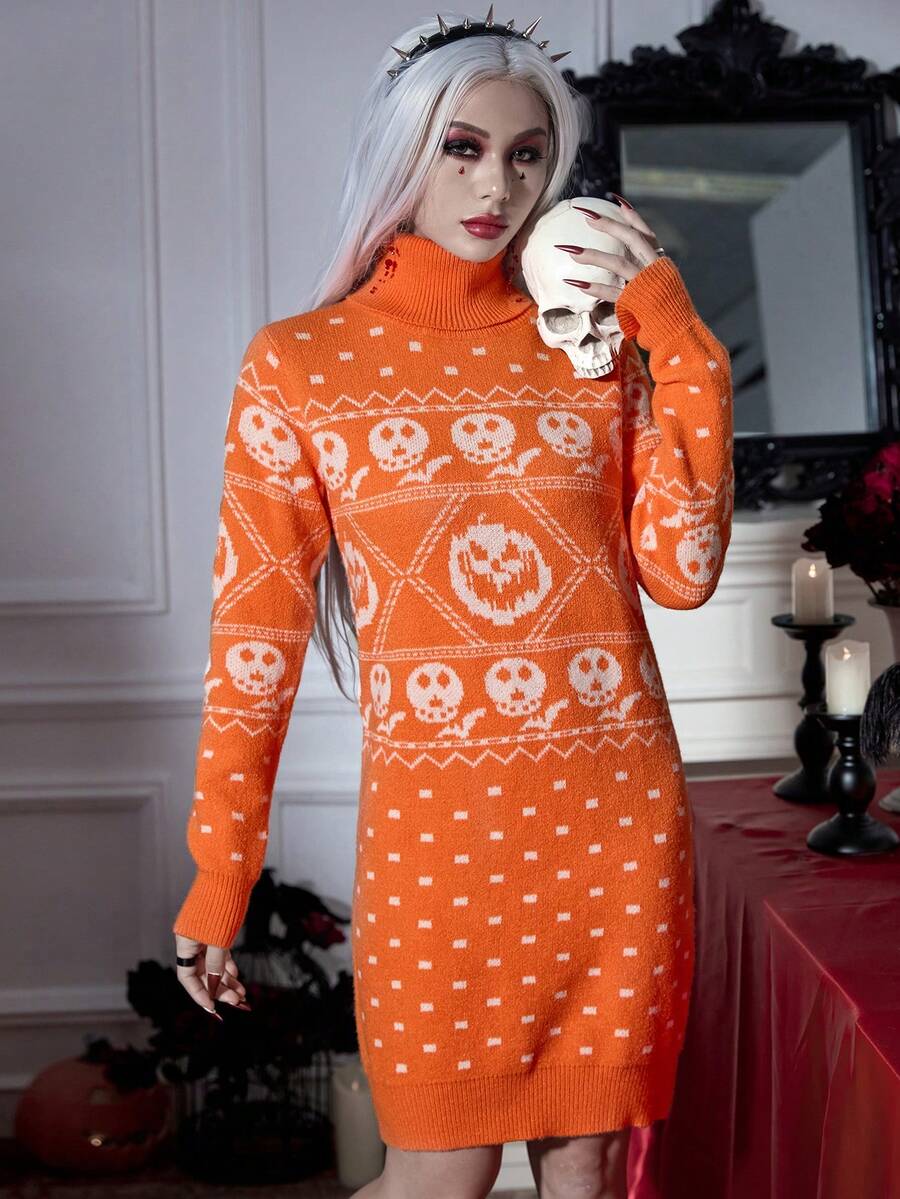 PUNK Halloween Skull Pattern Turtleneck Sweater Dress - Orange - View 1