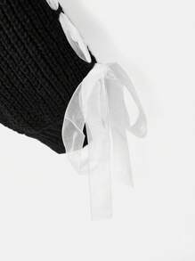 ROMWE Kawaii 蕾絲拼接挖肩蝴蝶結裝飾短款毛衣 - 黑色 - 查看 4