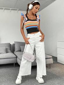 SHEIN Qutie 條紋圖案荷葉邊針織上衣 - 彩色 - 查看 7