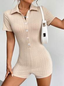 SHEIN Privé Nút phía trước Đồ đan Ribbed Quần áo nịt Romper - Màu be - Xem 3