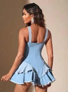 SHEIN BAE Zip Up Ruffle Hem Denim Overall Romper - Blue - View 2