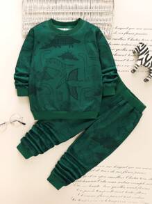 SHEIN Young Boy Dinosaur Print Sweatshirt & Sweatpants - Dark Green - View 1