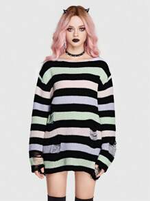 ROMWE Goth 條紋圖案破洞落肩袖套頭毛衣 - 彩色 - 查看 1