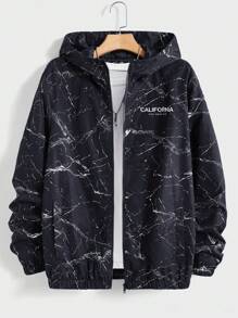 GENTILAND Loose Fit Men Marble & Letter Graphic Hooded Jacket (Without T-Shirt) - Black - View 1