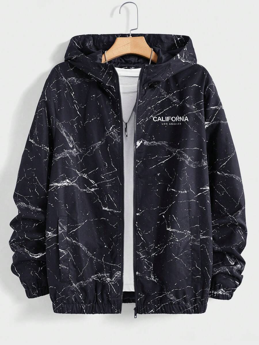 GENTILAND Loose Fit Men Marble & Letter Graphic Hooded Jacket (Without T-Shirt) - Black - View 1