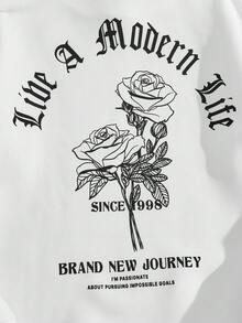 Manfinity RebelGame 男士寬鬆版型花卉和口號圖案印花帽衫,配有束繩 - 白色 - 查看 5