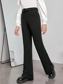 青少年女孩素色腰帶喇叭褲 - 黑色 - 查看 4