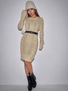 SHEIN Unity Chất rắn Xoắn Dan Đầm Áo len - Màu be - Xem 3