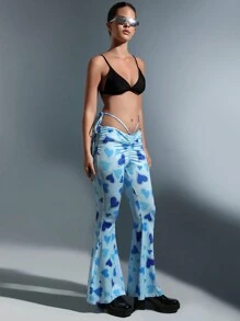 Flirla Pantalones acampanados con estampado de corazón con cordón lateral