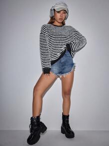 SHEIN Unity 條紋印花落肩袖運動衫 - 黑與白 - 查看 5