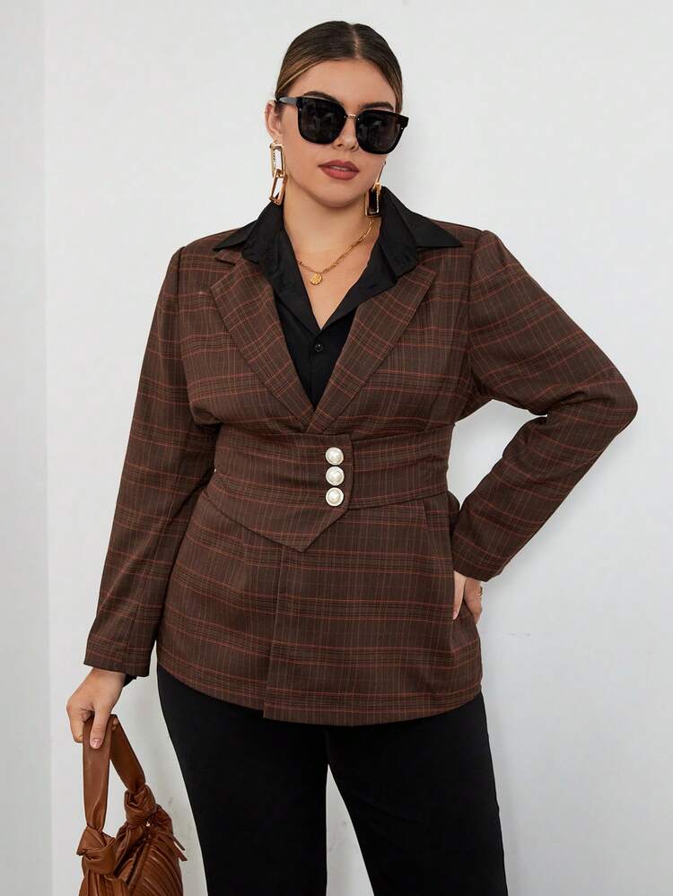 Plus Plaid Print Lapel Neck Blazer