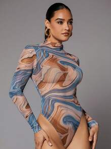 Silquee Marble Print Mock Neck High Cut Bodysuit - Multicolor - View 6