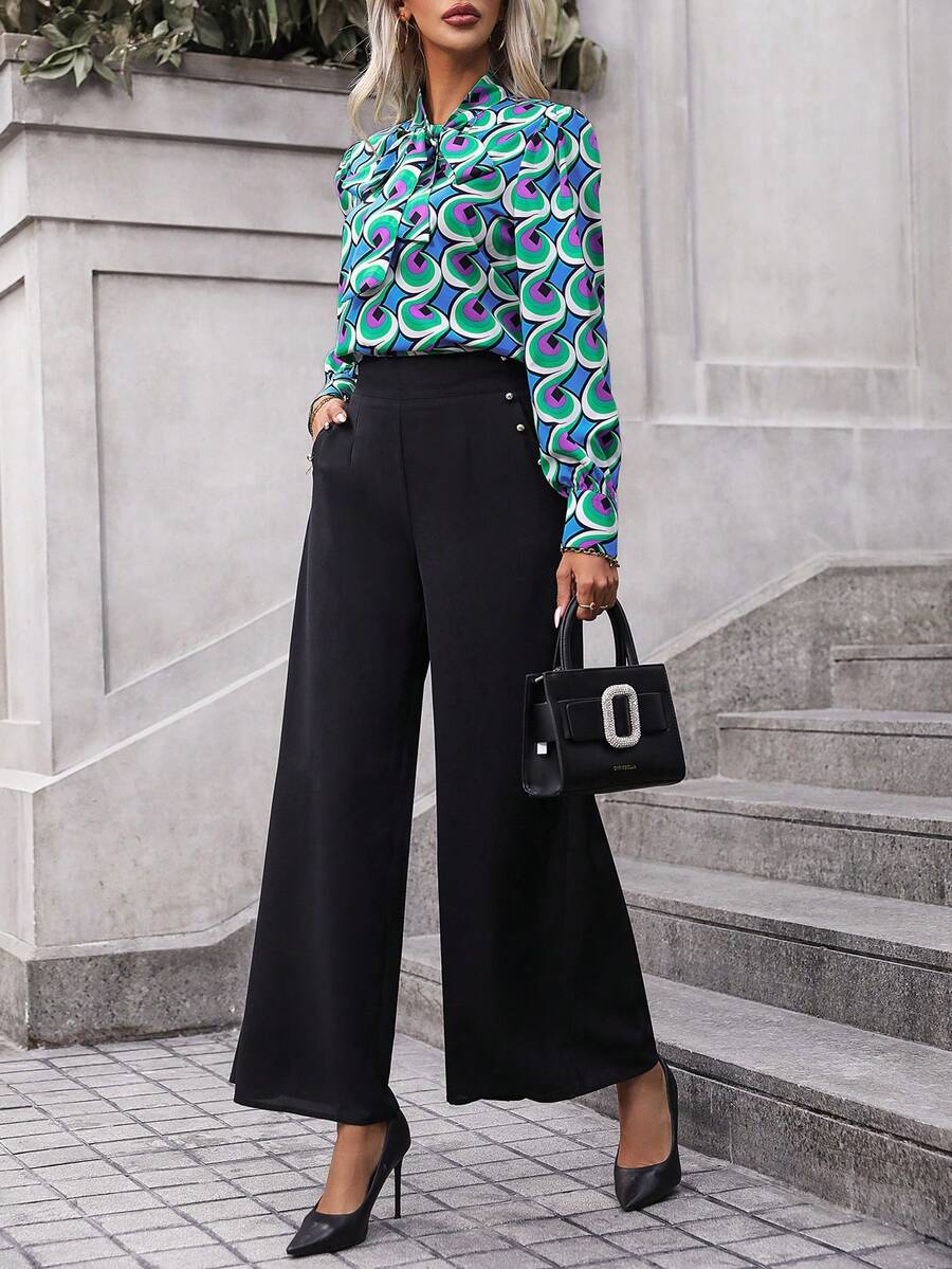 SHEIN Clasi Allover Print Tie Neck Blouse & Wide Leg Pants - Multicolor - View 1