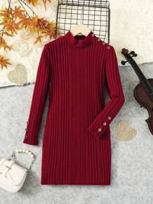 女大童小高領鈕扣細節羅紋針織洋裝 - 紅色 - 查看 1