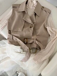 DAZY Lapel Neck Belted Vest Jacket - Khaki - View 3